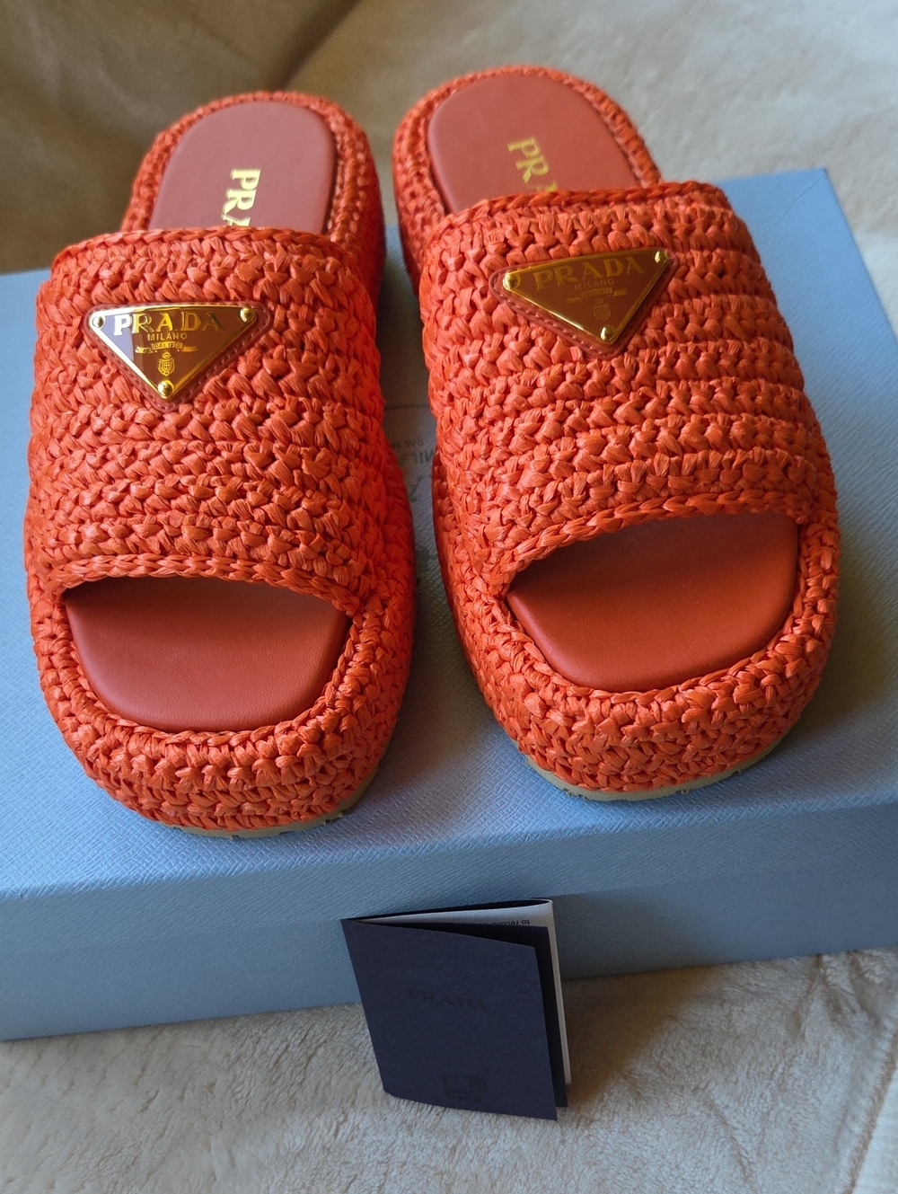 Prada Orange Woven Raffia Slide Mules with Gold Logo - Picture 2 of 7